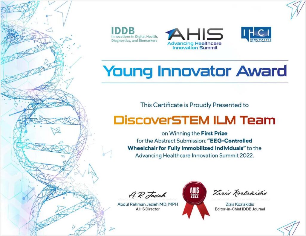 Abstract of the innovation ‘Thought-controlled Wheelchair’ by DiscoverSTEM Students is published by the prestigious journal – Innovation in Digital Health, Diagnostics and Biomarkers (IDDB)